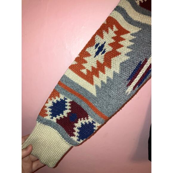 Thread & Supply Western Aztec Zip Up Hooded Jacket Small Grey Cream Knit Sleeves - Picture 2 of 7